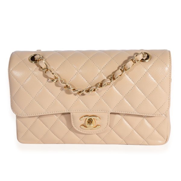 123488 fv Chanel Beige Quilted Caviar Small Classic Double Flap