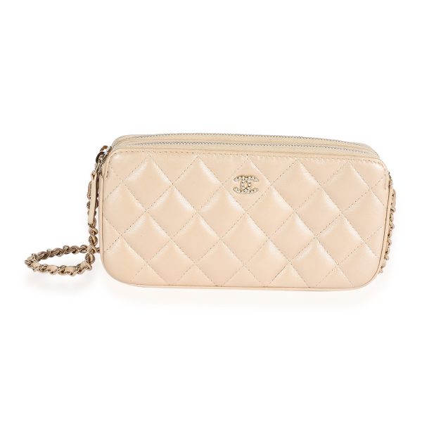 123937 fv 9ae21cf2 2777 4541 be33 7d50ecddf199 Chanel Gold Quilted Lambskin Double Zip Pearl Chain Wallet