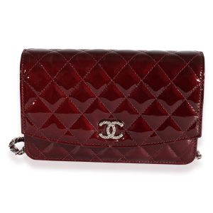 124002 fv Chanel Burgundy Quilted Patent Leather Brilliant Wallet On Chain