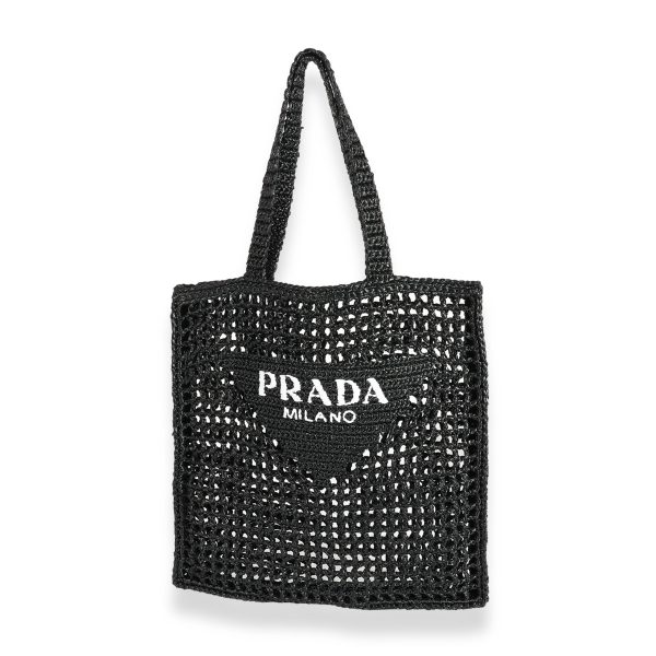 124202 fv Prada Black White Logo Raffia Tote