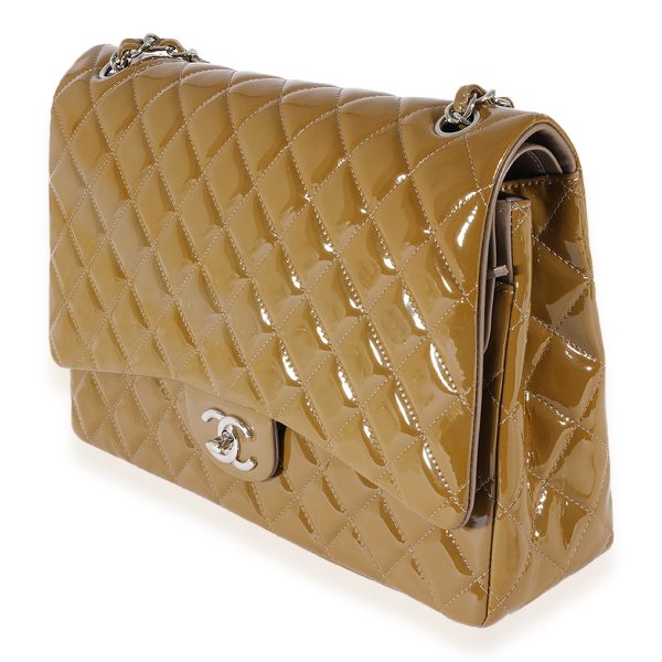 124893 sv Chanel Tan Quilted Patent Leather Maxi Double Flap