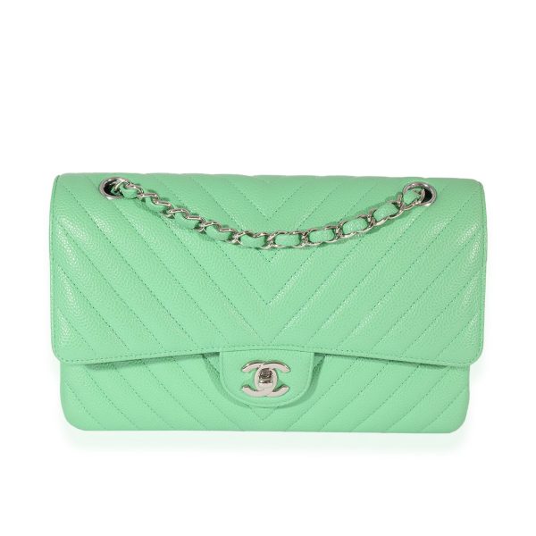 125071 fv 9390c48b 7f39 4fe6 b94a 3fceffb3ef45 Chanel Green Chevron Quilted Caviar Medium Classic Flap Bag