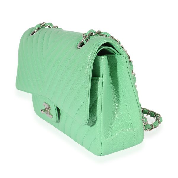 125071 sv d2c7de98 948e 44c2 be48 97fb27830b84 Chanel Green Chevron Quilted Caviar Medium Classic Flap Bag