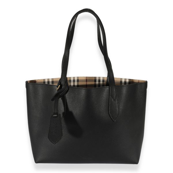 125488 fv 190d09c9 8791 40d8 a9a2 2497fba5fa34 Burberry Black Leather Haymarket Canvas Small Reversible Tote