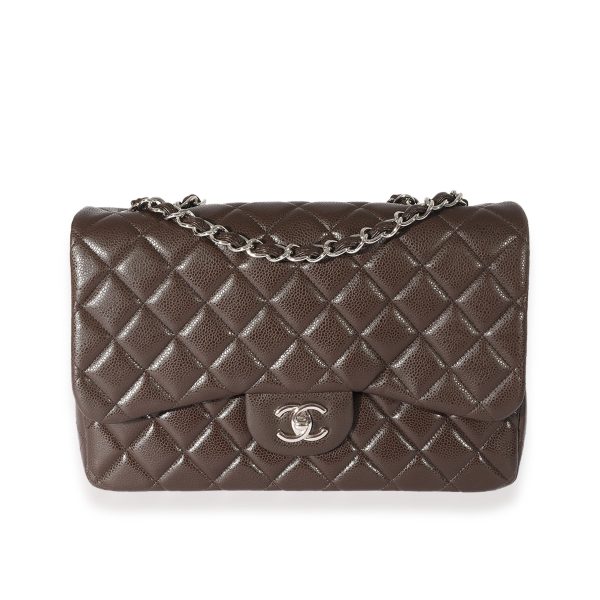 125782 fv Chanel Brown Caviar Leather Classic Jumbo Singl Flap