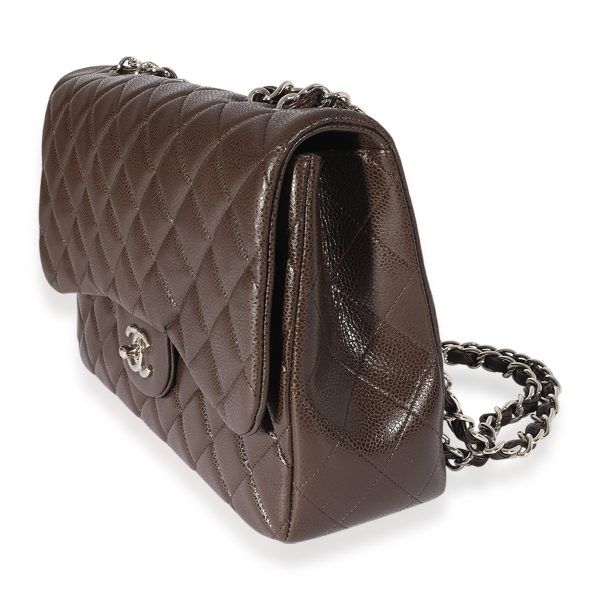 125782 sv Chanel Brown Caviar Leather Classic Jumbo Singl Flap