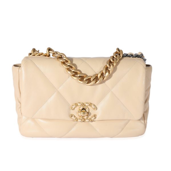 128091 fv Chanel Beige Quilted Lambskin Medium Chanel 19 Flap Bag