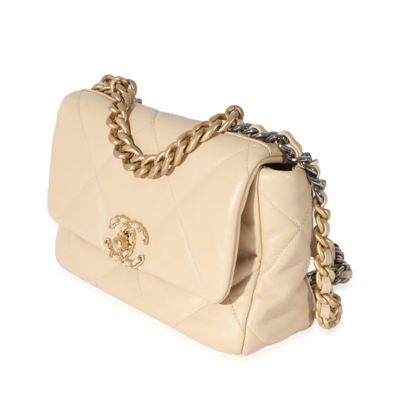 128091 sv Chanel Beige Quilted Lambskin Medium Chanel 19 Flap Bag