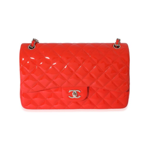 129036 fv Chanel Orange Quilted Patent Leather Jumbo Double Flap Bag