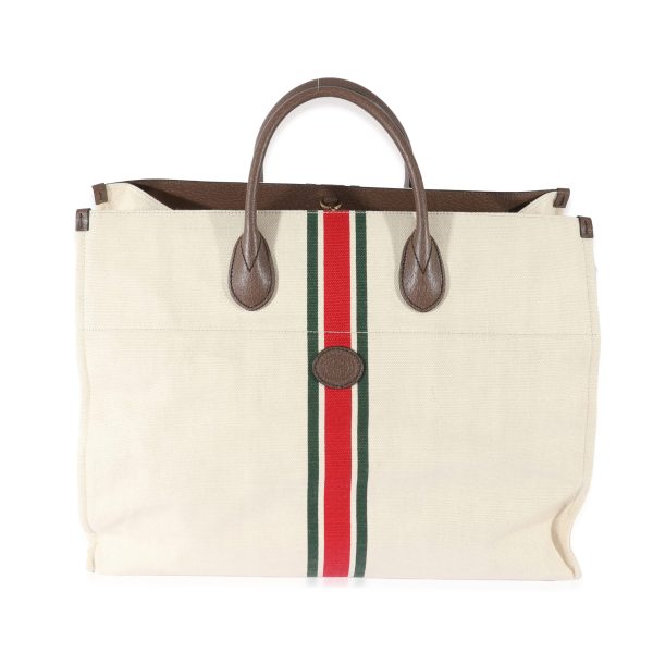 129126 fv Gucci Beige Web Linen Foldable Tote