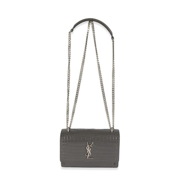 129376 bv Saint Laurent Grey Croc Embossed Leather Mini Sunset Chain Bag