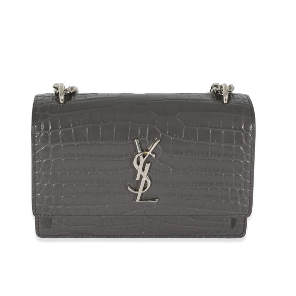 129376 fv Saint Laurent Grey Croc Embossed Leather Mini Sunset Chain Bag