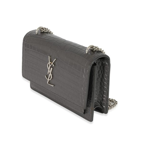 129376 sv Saint Laurent Grey Croc Embossed Leather Mini Sunset Chain Bag