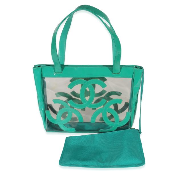 129812 fv Chanel Teal Vinyl Patent Triple CC Tote