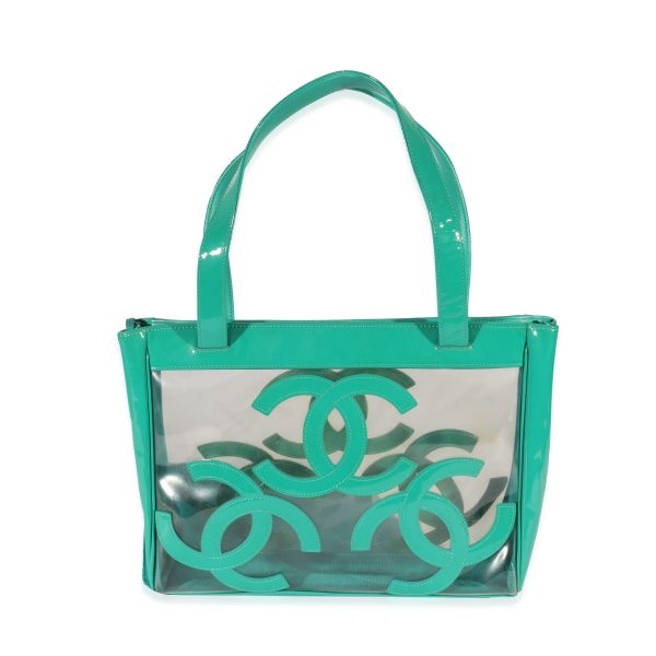 129812 pv Chanel Teal Vinyl Patent Triple CC Tote