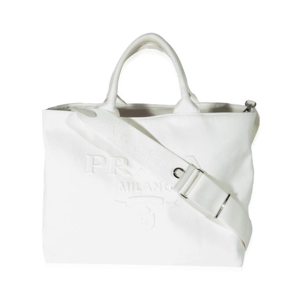 129970 fv Prada White Canvas Medium Embossed Drill Tote