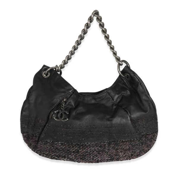 130785 fv Chanel Black Tweed Leather Coco Pleats Hobo