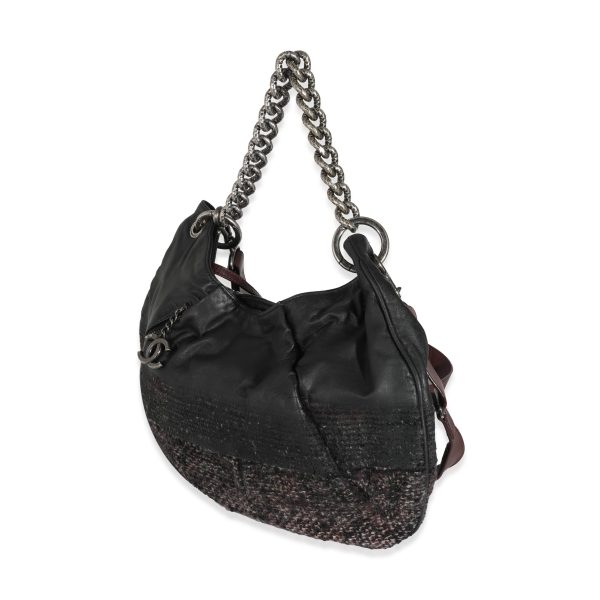 130785 sv Chanel Black Tweed Leather Coco Pleats Hobo