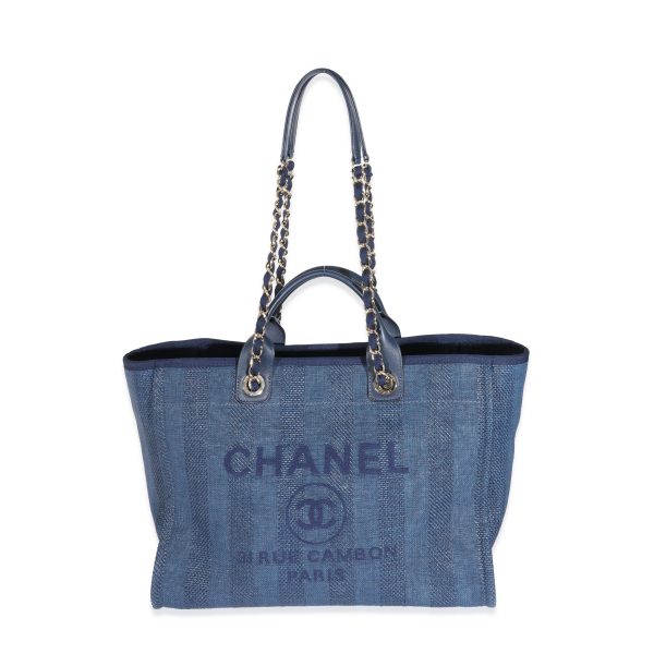 131630 stamp Chanel Striped Navy Mixed Fibres Large Deauville Tote