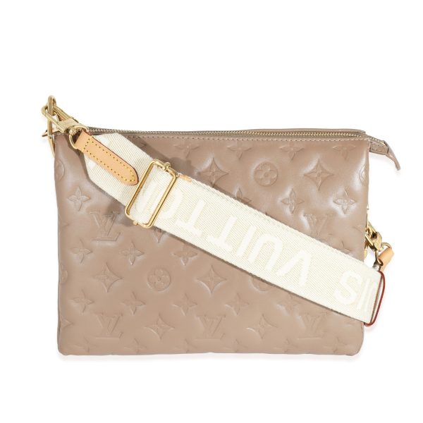 132060 fv Louis Vuitton Taupe Monogram Embossed Puffy Lambskin Coussin PM