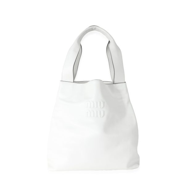 132558 sv Miu Miu White Leather Logo Embossed Hobo