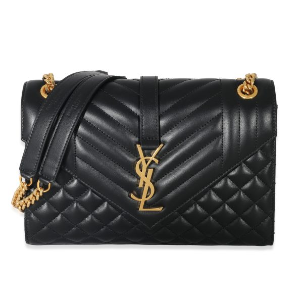 133220 fv Saint Laurent Black Matelasse Triquilt Medium Monogram Envelope Chain Bag