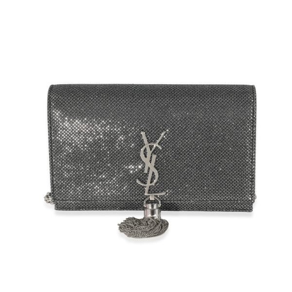 133608 fv Saint Laurent Silver Embossed Kate Tassel Chain Wallet