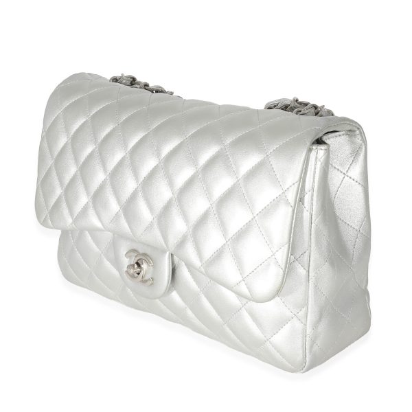 133747 sv Chanel Silver Metallic Lambskin Jumbo Single Flap Bag