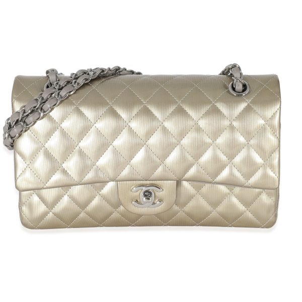 133978 fv Chanel Gold Patent Striated Medium Classic Flap Bag