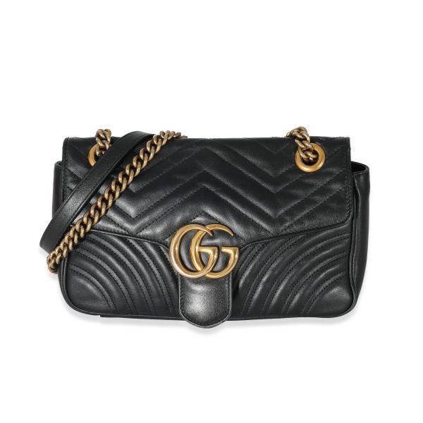 134022 fv Gucci Black Chevron Matelassé Leather Small GG Marmont Shoulder Bag