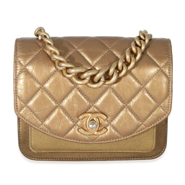 134029 fv Chanel Gold Metallic Leather Mini Chain Handle Flap Bag