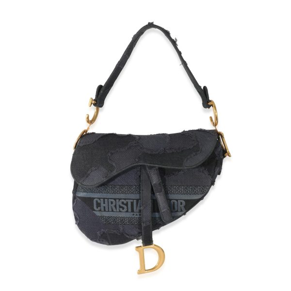 134285 fv Christian Dior Navy Embroidered Camouflage Canvas Saddle Bag