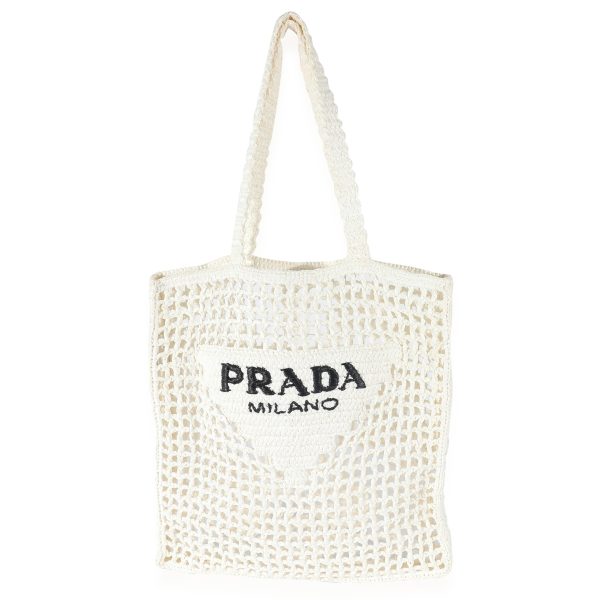 134578 fv Prada White Raffia Crochet Triangle Logo Tote