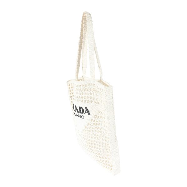 134578 sv Prada White Raffia Crochet Triangle Logo Tote