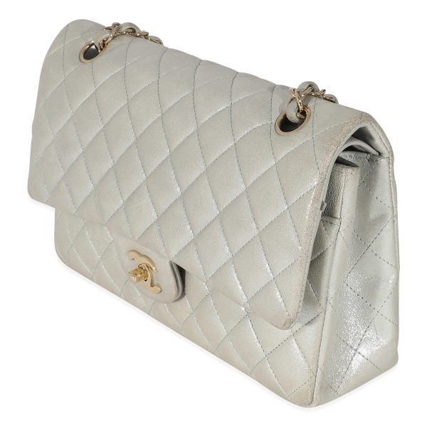 134965 sv Chanel Silver Quilted Nubuck Medium Classic Double Flap Bag