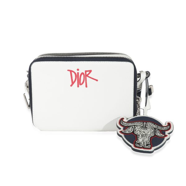 135112 fv Dior x Shawn Stussy White Grained Calfskin Double Zip Crossbody Pouch