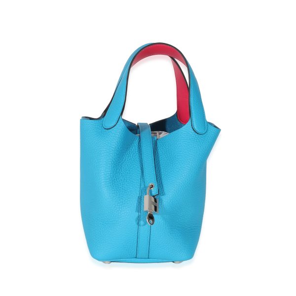 135221 fv Hermès Clemence Bleu Frida Rose Mexico Eclat Picotin Lock 18 PM PHW