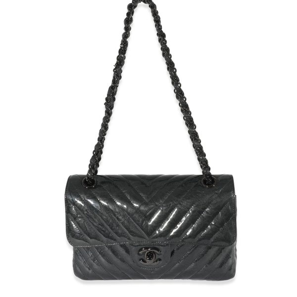 135373 bv Chanel Metallic Black Chevron Crumpled Patent Small Classic Double Flap Bag