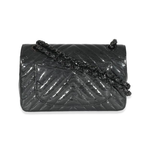 135373 stamp Chanel Metallic Black Chevron Crumpled Patent Small Classic Double Flap Bag