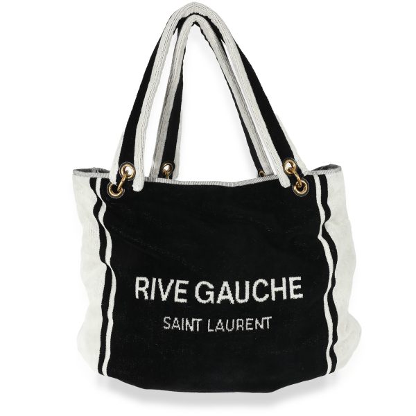 135401 fv Saint Laurent Rive Gauche Black White Terry Cloth Beach Towel Tote