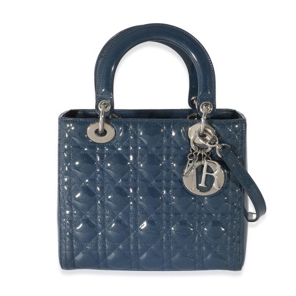 135479 fv Christian Dior Navy Patent Cannage Medium Lady Dior