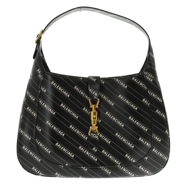 1723j020007 1 Gucci Balenciaga Collaboration The Hacker Project Jackie Logo Print Leather Handbag Black