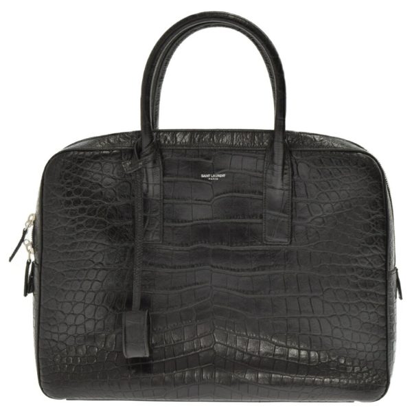 3023c310027 1 Saint Laurent Paris Museum Crocodile Embossed Leather Briefcase Black