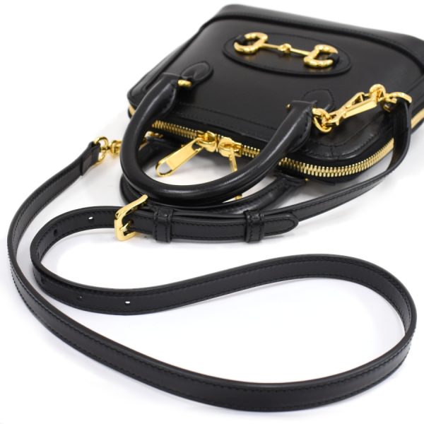 5000049884102378 7 Gucci Horsebit Mini Top Handle 2way Shoulder Bag Leather Black Gold Hardware