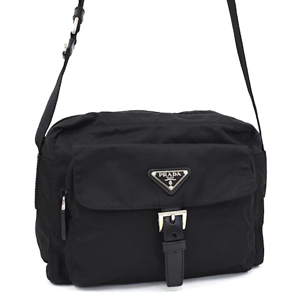 5000105884102950 1 Prada Triangular Logo Nylon Leather Shoulder Bag Black