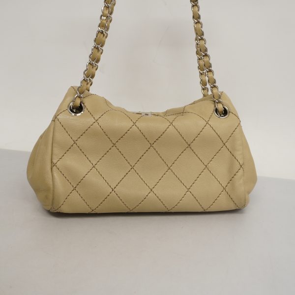 9 Chanel Shoulder Bag Wild Stitch Leather Beige Silver