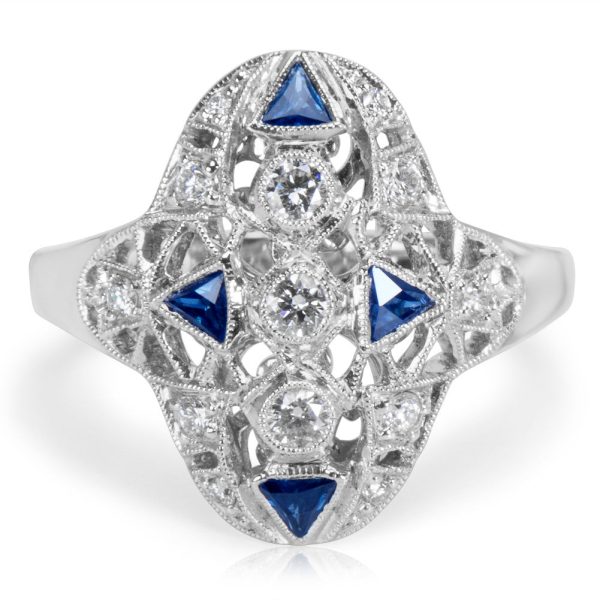 022701 fv BRAND NEW Diamond and Sapphire Vintage Style Ring in 18K White Gold 034 CTS