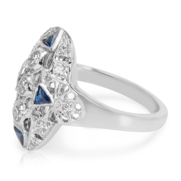 022701 sv BRAND NEW Diamond and Sapphire Vintage Style Ring in 18K White Gold 034 CTS