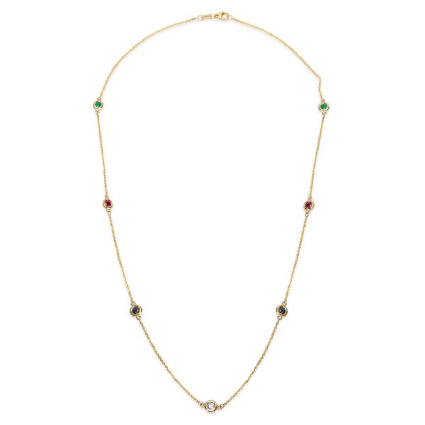 036850 pv Diamond by the Yard Necklace Rubies Sapphires Emeralds in 14KT Gold 071 CT