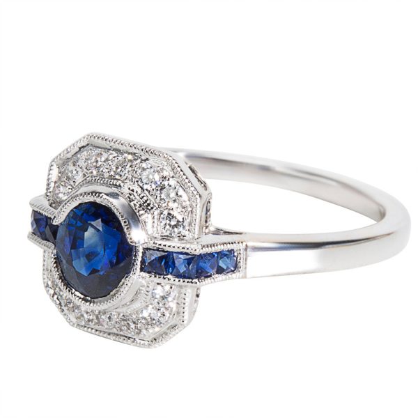 037027 SV BRAND NEW Diamond Sapphire Vintage Style Ring in 18K White Gold 114 CTW